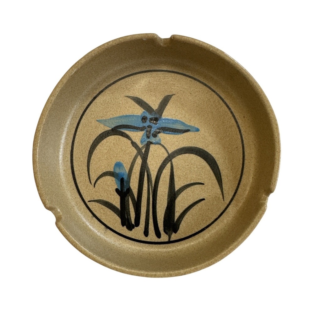 Vintage Hand Painted‎ Floral Stoneware Ceramic Ashtray Tan Blue